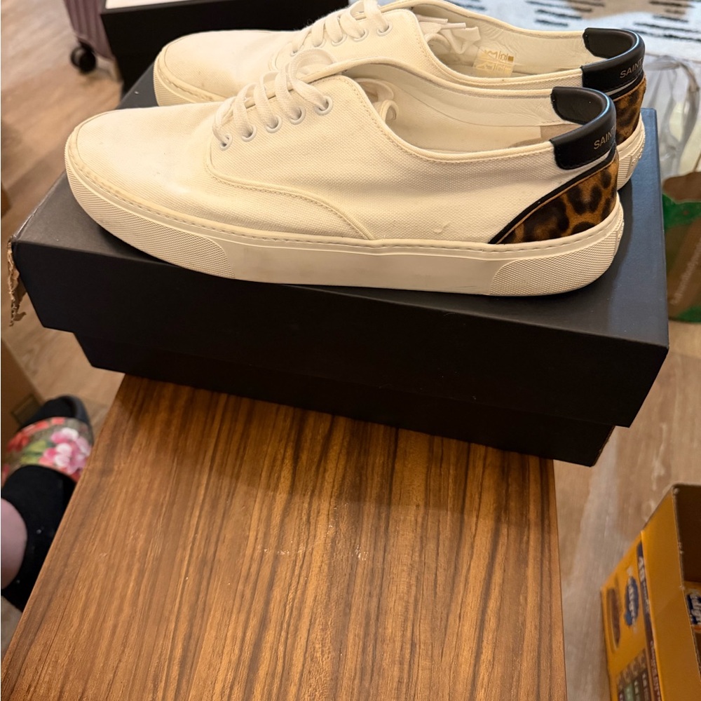 Saint Laurent Men's Cream Loafers with Leopard Accent